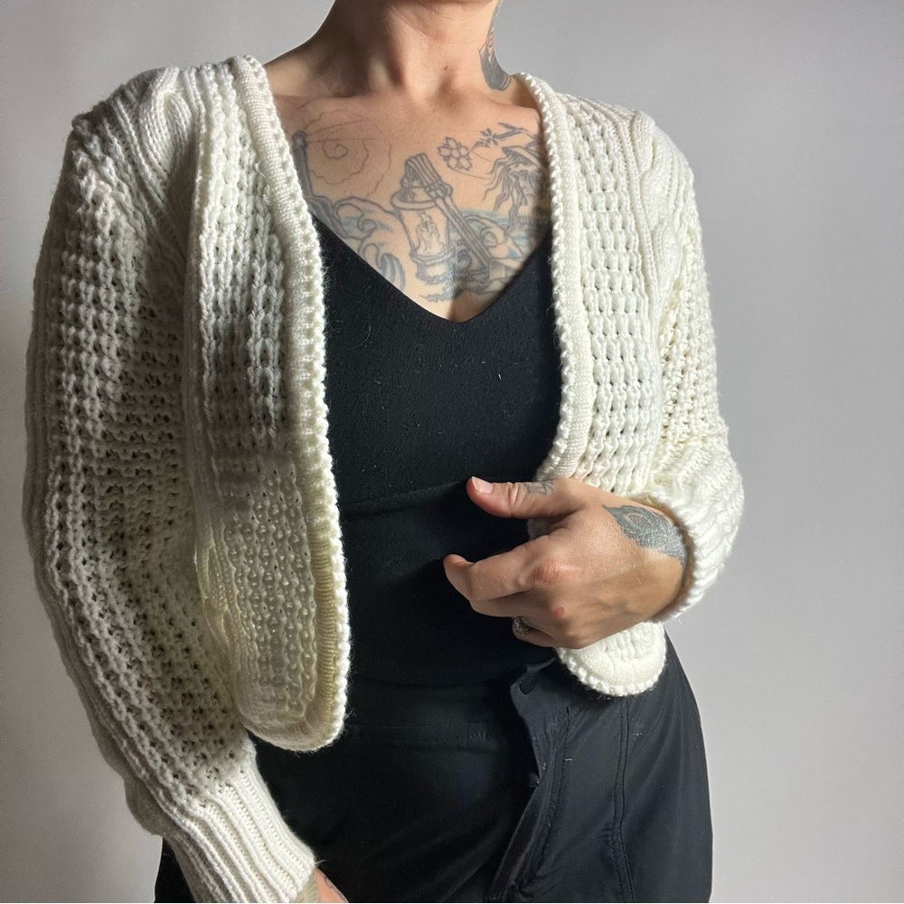 VINTAGE 70s Open Front White Acrylic Cardigan Sweater Medium